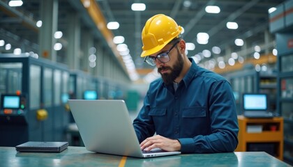Engineer in factory reviews production data on laptop. Wears safety helmet, sits at table in modern factory. Industrial machines blurred in background. Scene shows tech worker analyzing production