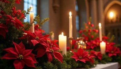 Christmas Eve mass altar displays red poinsettias, white candles. Festive decorations create peaceful atmosphere in church. Warm light from candles highlights vibrant red flowers, evergreen branches.