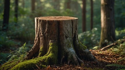 Fototapeta premium Tree stump pedestal in lush forest setting