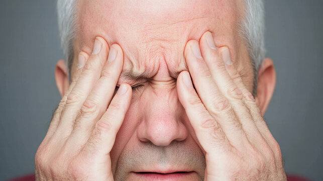 Feeling overwhelmed, man rubs his temples with tired expression, conveying stress and fatigue