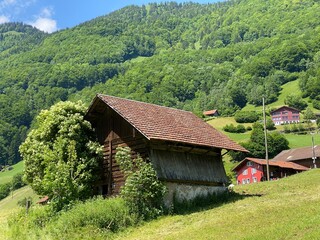 Obraz premium Traditional rural architecture and family livestock farms on the shores of Lake Lungern - Canton of Obwald, Switzerland (Traditionelle Architektur am Ufer des Lungernsees - Schweiz)