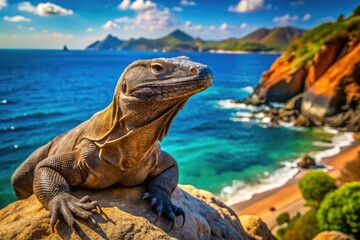 Fototapeta premium A Komodo dragon, sunbathing with a stunning Indonesian ocean backdrop.