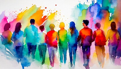 Abstract Colorful Art Watercolor Painting Depicts a Diverse Group of People United in Harmony, Celebrating Diversity and Community Through Vibrant Colors and Artistic Expression