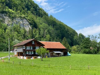 Traditional rural architecture and family livestock farms on the shores of Lake Lungern - Canton of Obwald, Switzerland (Traditionelle Architektur am Ufer des Lungernsees - Schweiz)