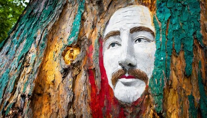 Abstract Colorful Portrait of a Human Face on Wood Bark - Bold Brush Strokes Capturing Emotion and Depth in a Unique Artistic Expression