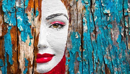 Abstract Colorful Portrait of a Human Face on Wood Bark: A Bold Brushstroke Interpretation of Identity and Natures Textures, Merging Artistry with Organic Elements in a Vivid Display