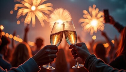People raise champagne glasses in celebration of fireworks display. Group enjoys festive outdoor gathering. Cheers to special occasion. Partygoers celebrate with champagne, fireworks. Celebration