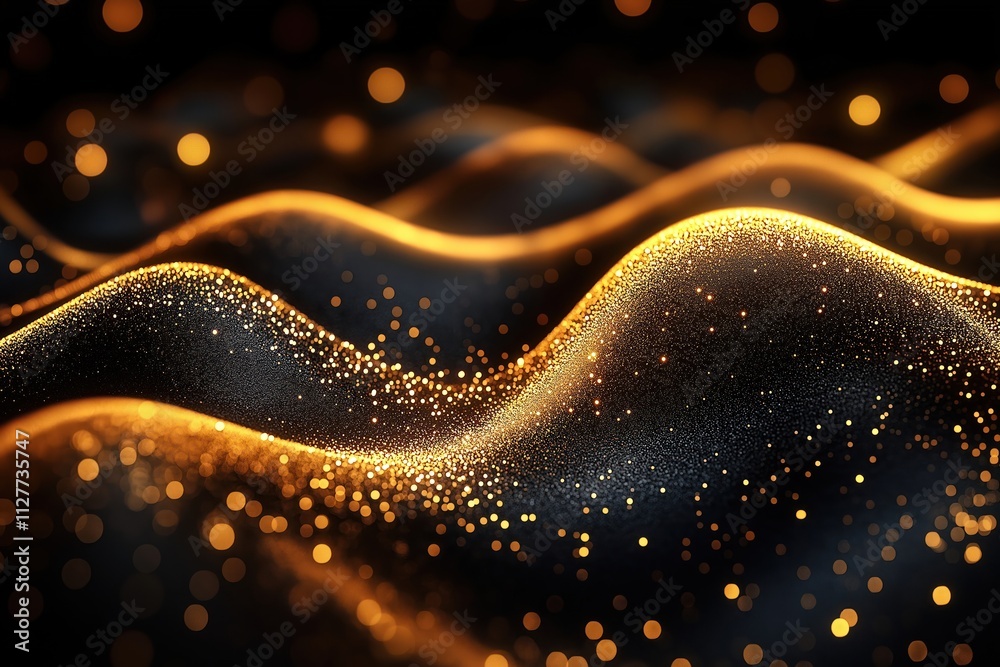 Aufkleber Abstract illustration. Shiny gold particles on black background. Dynamic curve lines. Modern design for business presentation wallpaper. Looks like waves of energy in motion. Suitable for tech