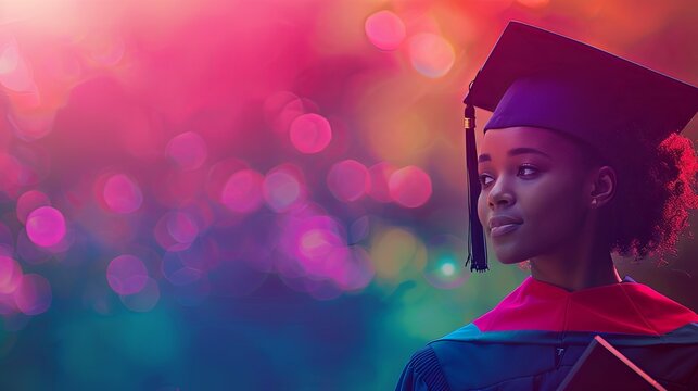 A hopeful graduate in cap and gown, gazing towards a bright future. - Powered by Adobe