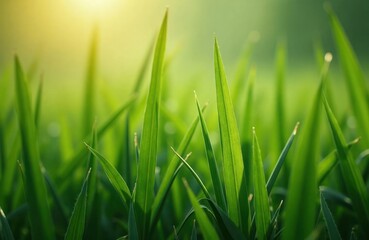 Fototapeta premium Close-up view of vibrant green grass blades. Sunlight highlights details of leaf structures. Freshness, vitality of nature evident. Perfect for eco-friendly projects. Ideal for gardening, landscaping
