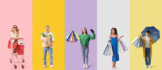 Collage of people with purchases on color background