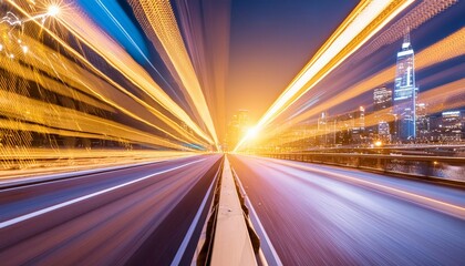 Obraz premium Abstract Futuristic Background Featuring High-Speed Straight Blue and Yellow Lines with Bokeh Glowing Neon Effects for Dynamic Visuals and Modern Design Aesthetics