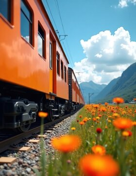Vibrant orange train car moves through scenic landscape. Flowers bloom along railway tracks. Mountains, blue sky create beautiful natural setting. Sunny day in countryside. Travel concept. Nature,