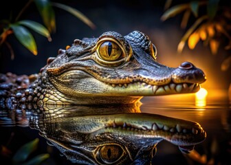 Fototapeta premium A swamp creature's nocturnal gaze pierces the darkness; a striking reptile image.
