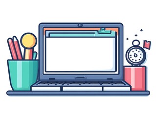 Fototapeta premium Laptop Workspace With Pencils Timer And Holder