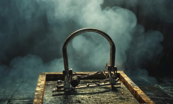 A vintage bear trap sits on a dark wooden surface, surrounded by swirling smoke.