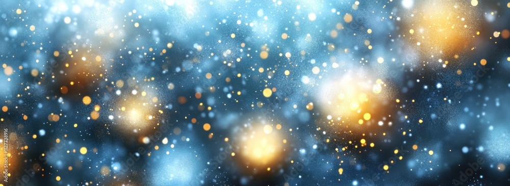 Poster Abstract blue and gold bokeh background with glowing particles.