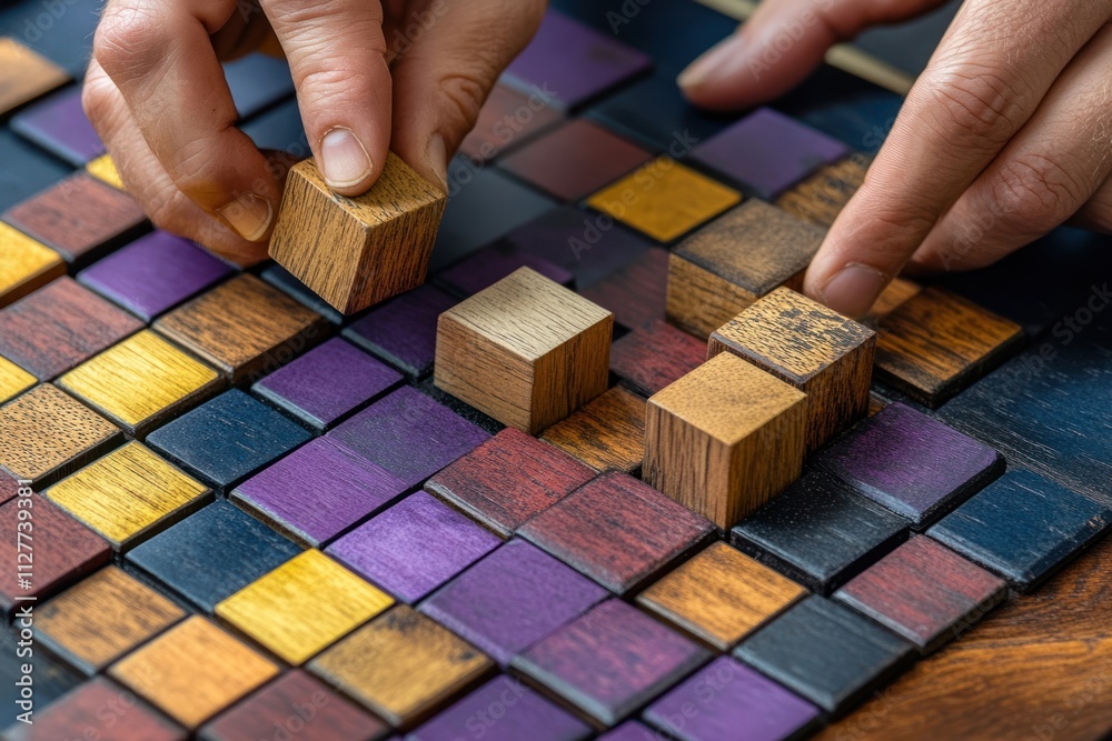 Poster hands arranging colorful wooden blocks on a board.