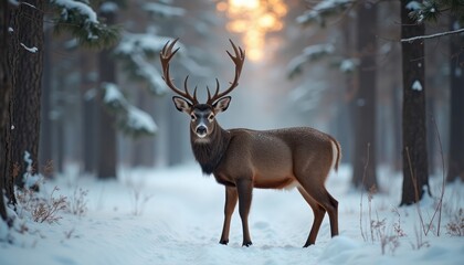 Majestic deer stands in snowy forest. Sunlight filters through trees. Winter wonderland scene. Wild animal in nature. Beautiful photo of wildlife. Perfect for eco tourism marketing, nature calendar