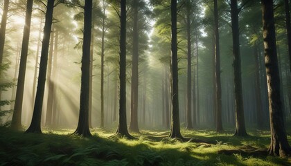 A beam of sunlight illuminates a stand of tall trees in a lush green forest, highlighting their vertical lines and textures, tree lines, shaded areas