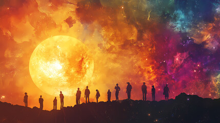 Digital depiction of a celestial event, likely an eclipse, with a celestial body dramatically silhouetted against a vivid nebulous backdrop, conveying a sense of cosmic wonder. Nebulous. Illustration