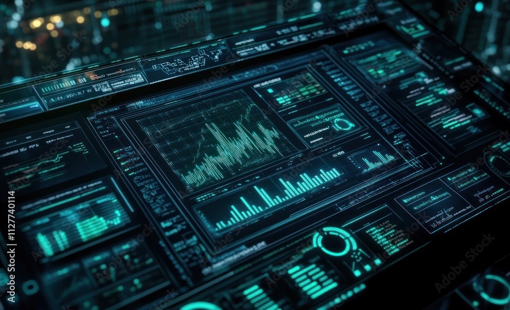 Aufkleber Futuristic tech dashboard displaying data graphs, charts, and digital information.