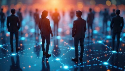 Business people stand in large group. Communication network connects. Modern tech, social media concepts visible in photo. In large space. Human resources, AI generated illustration.