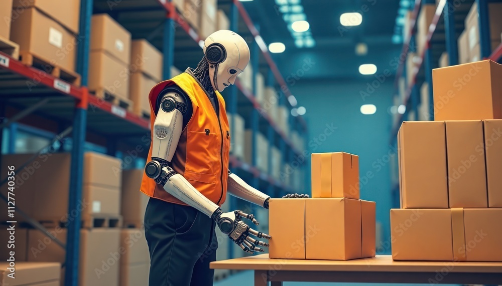 Poster Robot worker sorts, packs items in warehouse. Automated tech manages cargo. Efficient logistic system. Future tech used. Warehouse operation. Robotics in industry. High tech warehouse. Modern