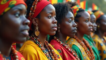 Diverse group women wear traditional African clothes with colorful flags. Stand together during Black Awareness Day event. People of various ages, backgrounds show unity, pride. Event likely promotes