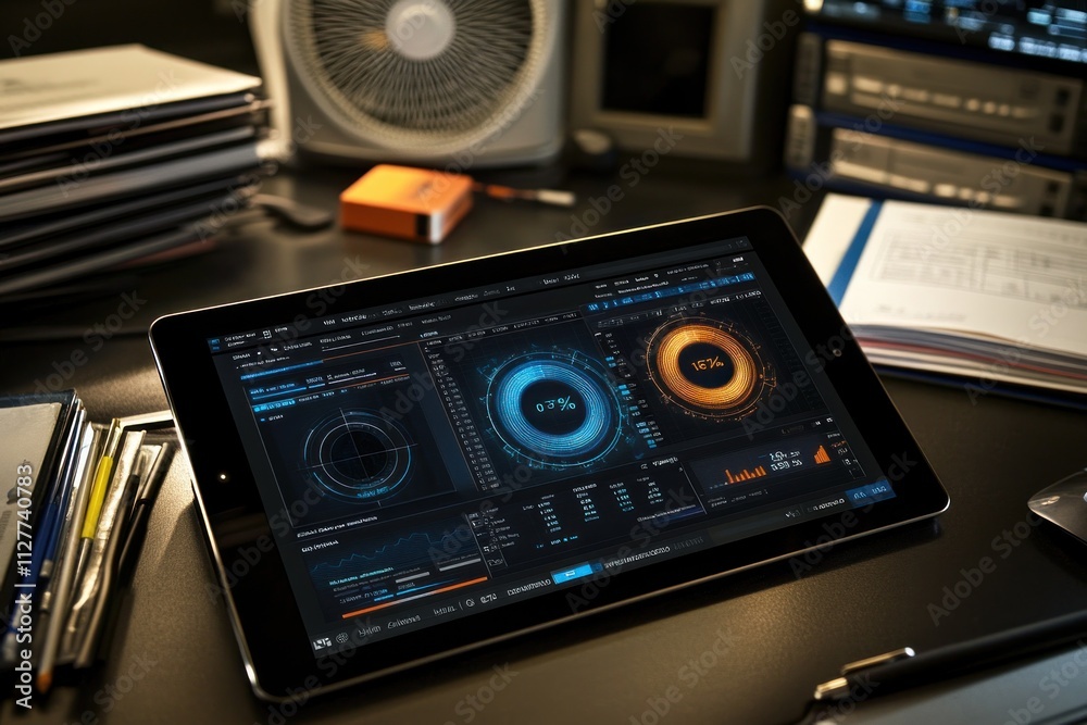 Poster Tablet displaying data analytics on a desk.