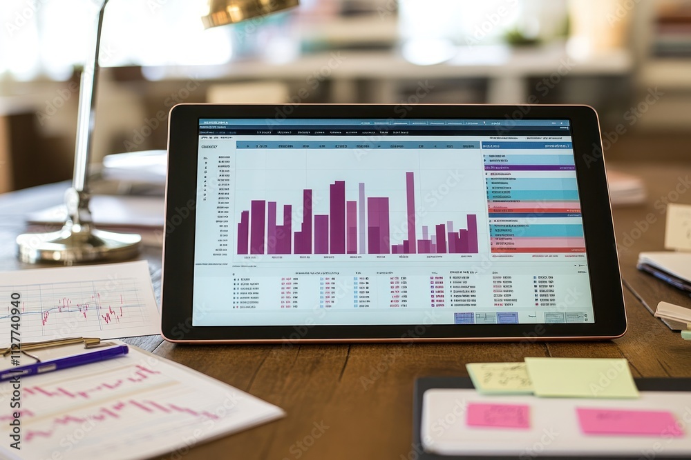 Poster tablet displaying financial charts and graphs on a wooden desk.