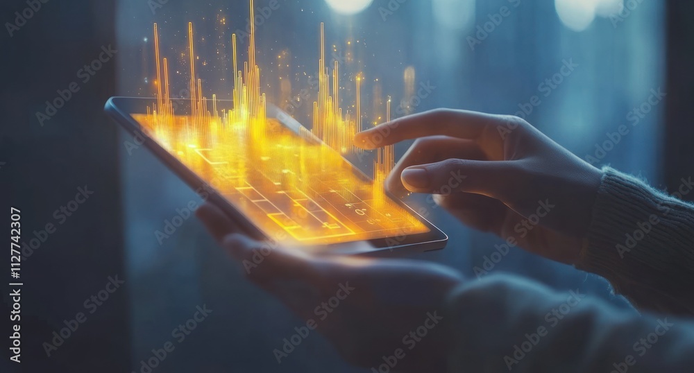 Poster Hands using tablet displaying glowing data graphs.