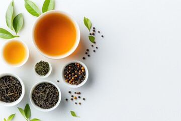 Close-up view of assorted teas, spices on white background. Different types of tea leaves, spices displayed in small white bowls. Green tea, black tea, blend with peppercorns. Fresh green leaves