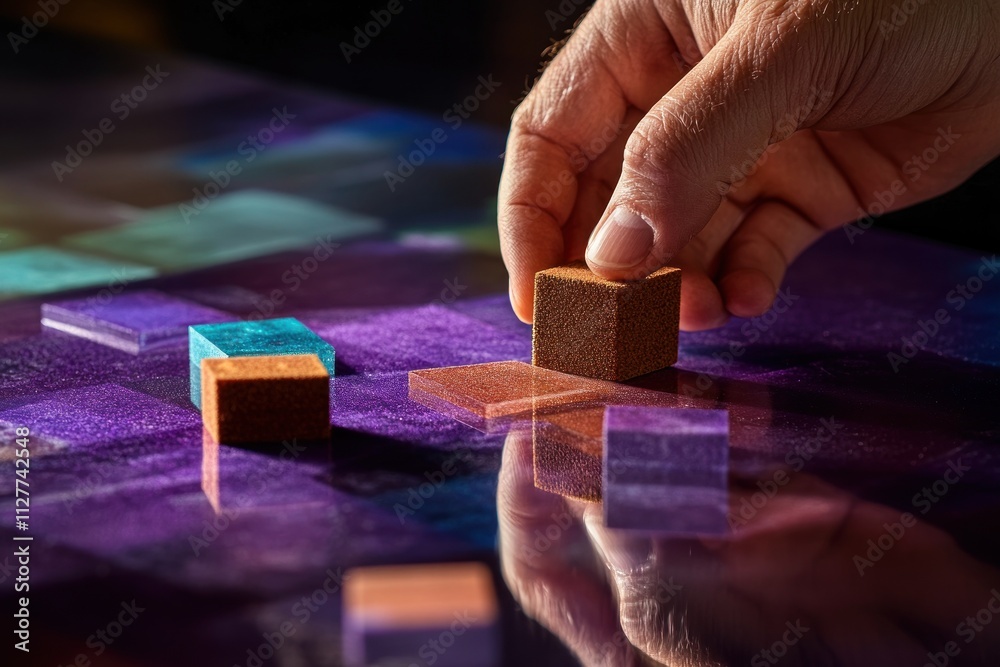 Poster hand placing wooden block on colorful surface.