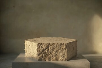 Hexagonal stone pedestal on concrete base against textured wall.