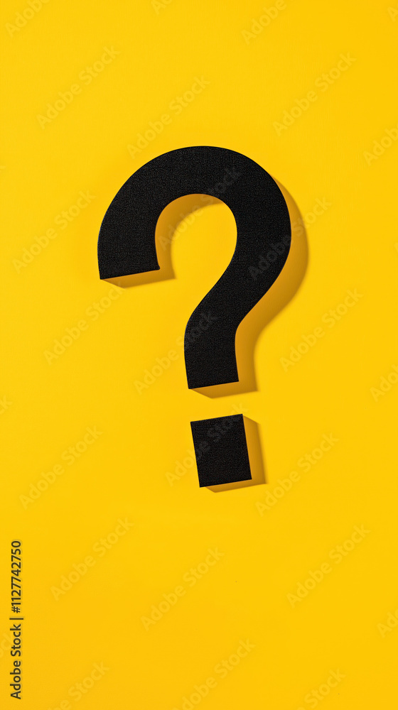 Aufkleber Black question mark on yellow background. Simple design. Represents question problem. Suitable for FAQ help illustration. Versatile for business tech concepts. Illustrates need for solutions. Modern,