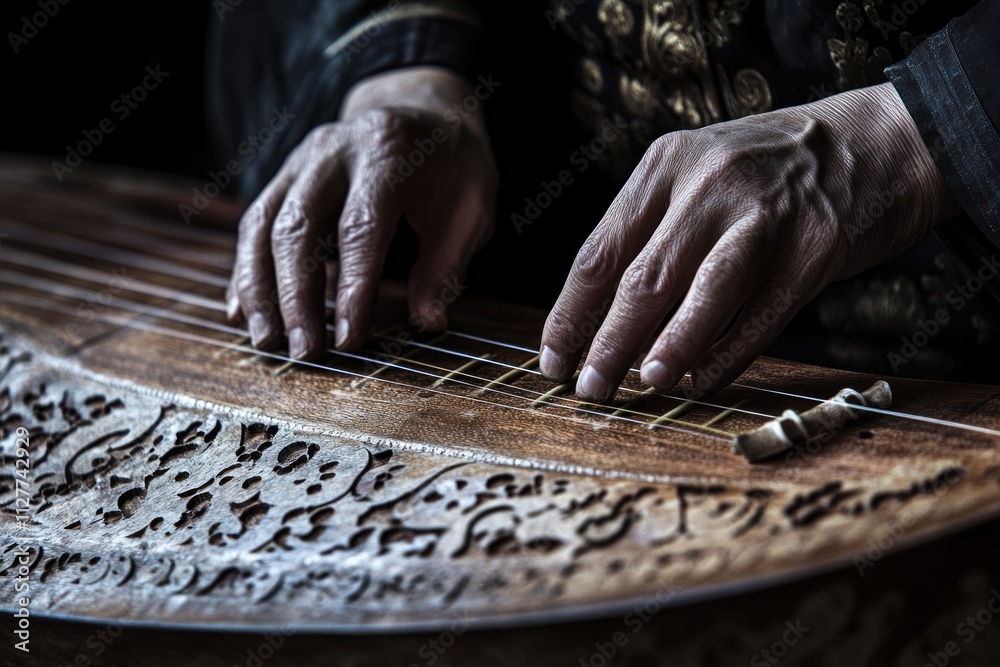 Aufkleber close-up of hands playing a traditional stringed instrument with intricate carvings.