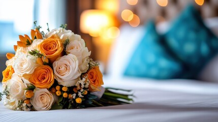 Obraz premium A stunning bouquet of orange and white roses beautifully arranged on a luxurious bed creates a captivating and enticing centerpiece for an elegant space, radiating love and beauty.