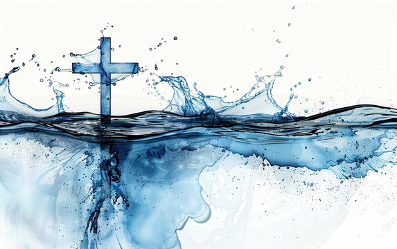 A serene image of a cross emerging from tranquil blue water, symbolizing peace and spirituality, evoking a sense of contemplation and connection to faith amidst nature's beauty.