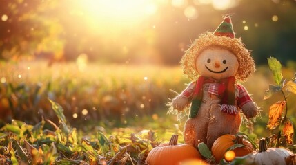 Scarecrow in farm land as Fall seasonal decorations. Seasonal theme for greeting card background.