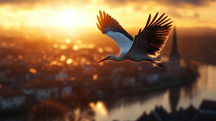 Obraz premium A graceful crane takes flight at sunset, beautifully merging the natural world with an urban skyline, portraying a striking visual of nature's resilience in modern times.