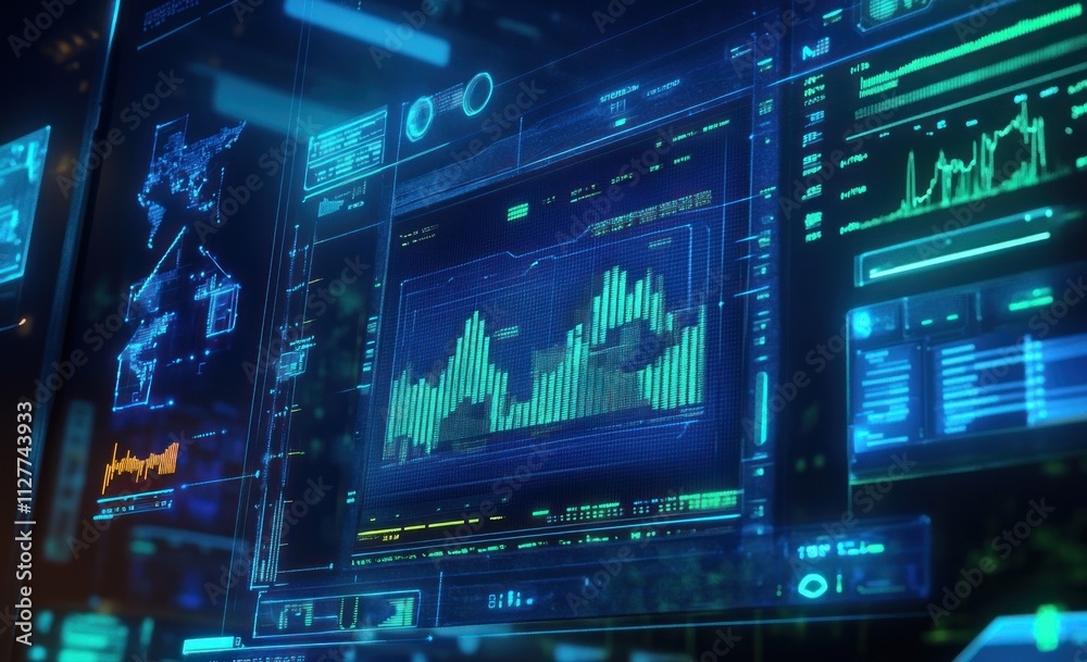 Poster futuristic digital dashboard displaying financial data, graphs, and world map.