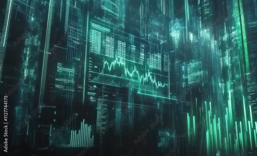 Leinwandbilder futuristic digital data streams and graphs visualized on a dark background.
