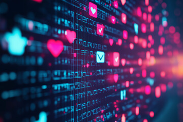 Obraz premium abstract blue digital screen background featuring glowing heart shapes and futuristic design elements