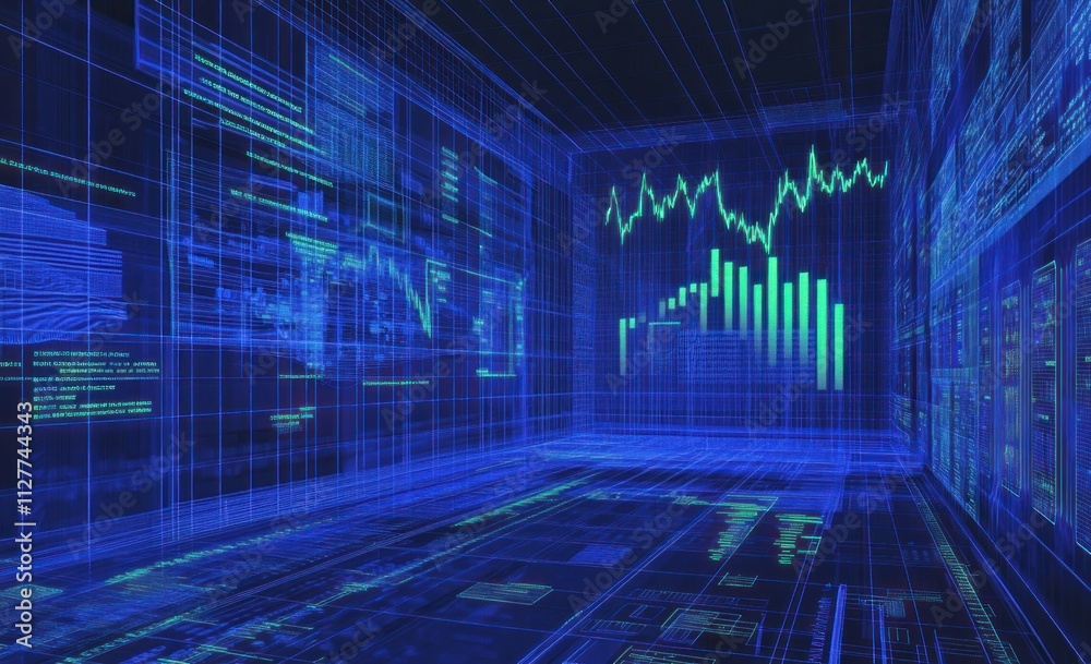 Aufkleber futuristic digital room with glowing data visualizations, charts, and graphs.