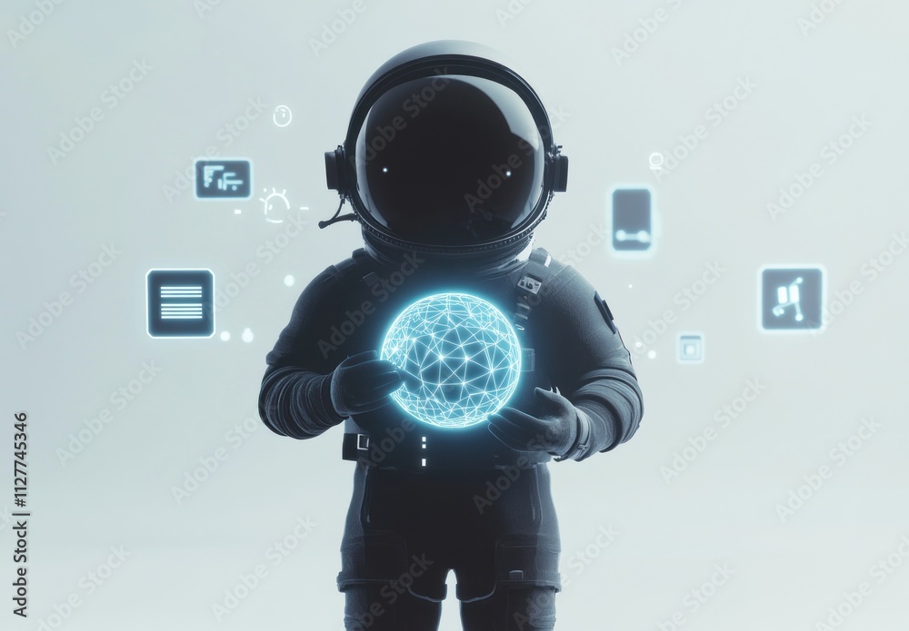 Poster astronaut holding glowing network sphere, digital interface icons.