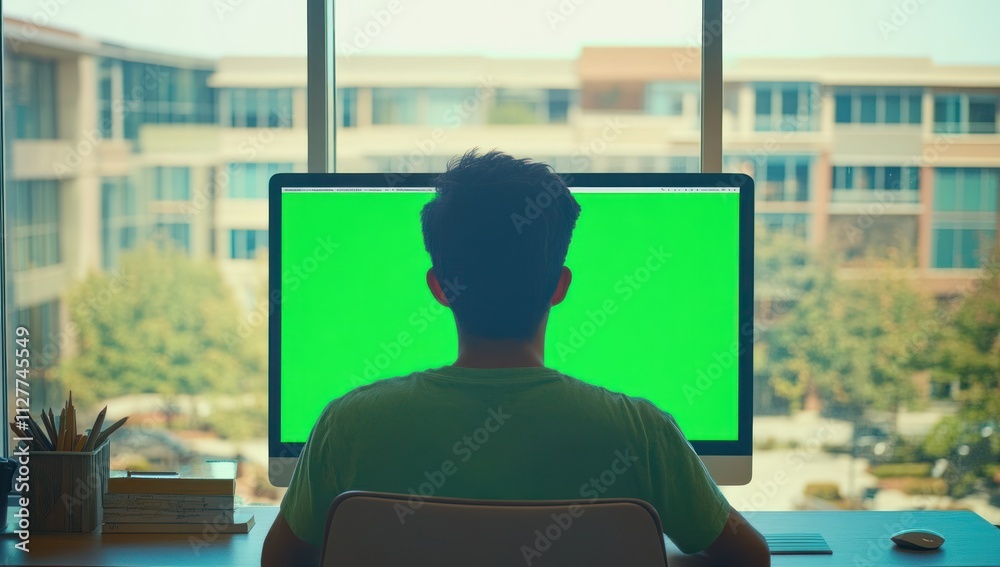 Poster man viewing green screen computer monitor in office.