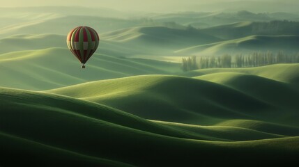 Obraz premium A colorful hot air balloon floating above lush green hills during sunrise.