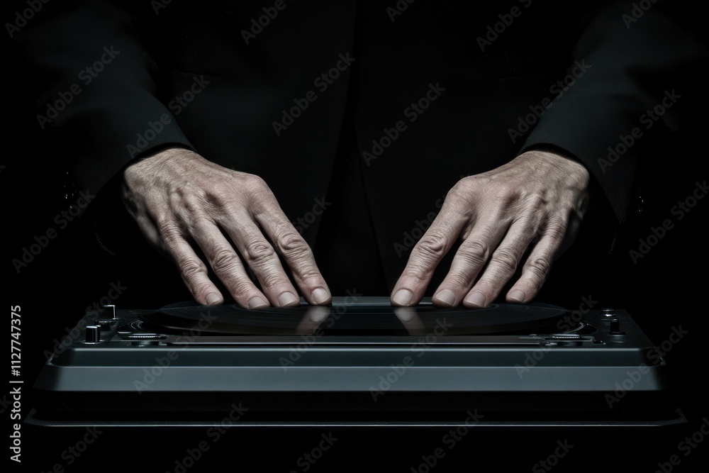 Poster close-up of hands skillfully manipulating a turntable.