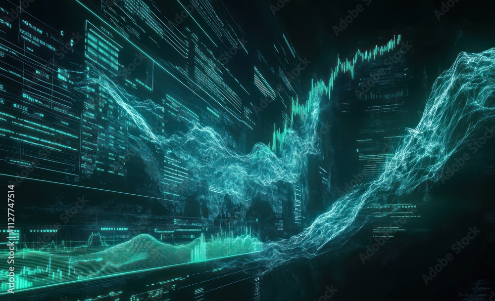 Poster Abstract teal data streams and graphs flowing on digital screens.